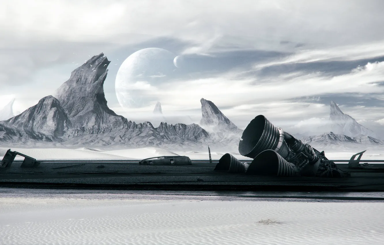 Photo wallpaper landscape, mountains, fiction, rocks, engine, planet, art, landscape