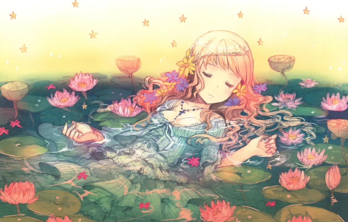 Photo wallpaper water, sleep, girl, Lotus, stars, long hair, closed eyes