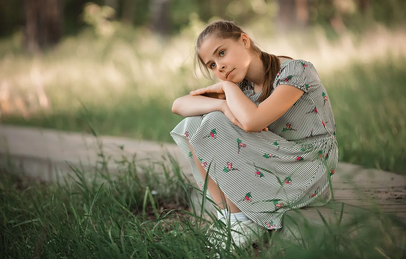 Photo wallpaper grass, dream, pose, girl, sitting, dress, Doom