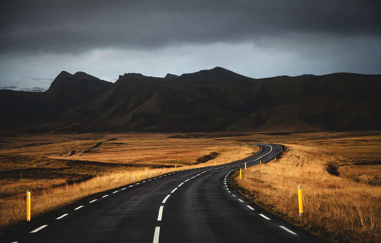 Photo wallpaper road, clouds, mountains, road, mountains, clouds