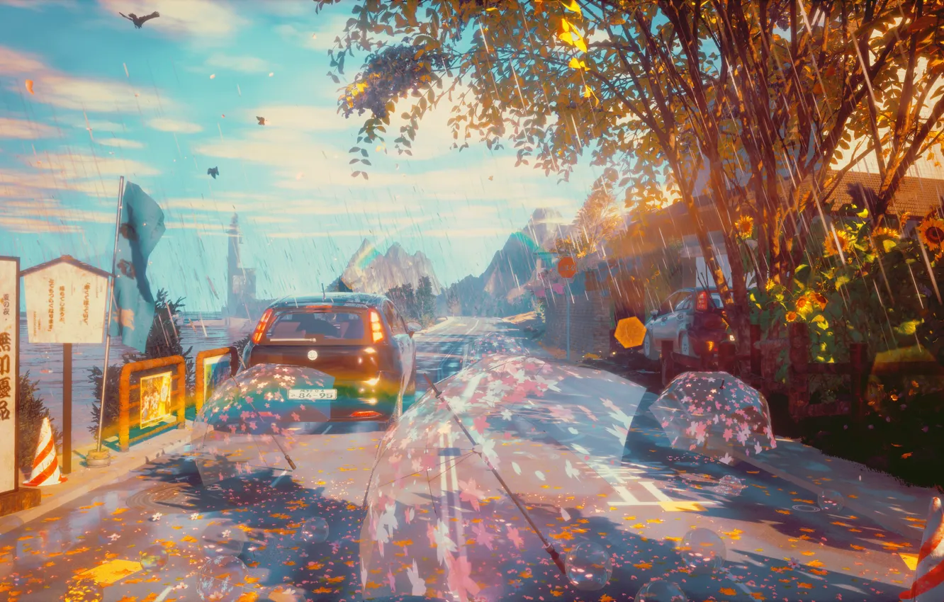 Photo wallpaper road, sea, auto, autumn, the sky, sunflowers, rain, seagulls