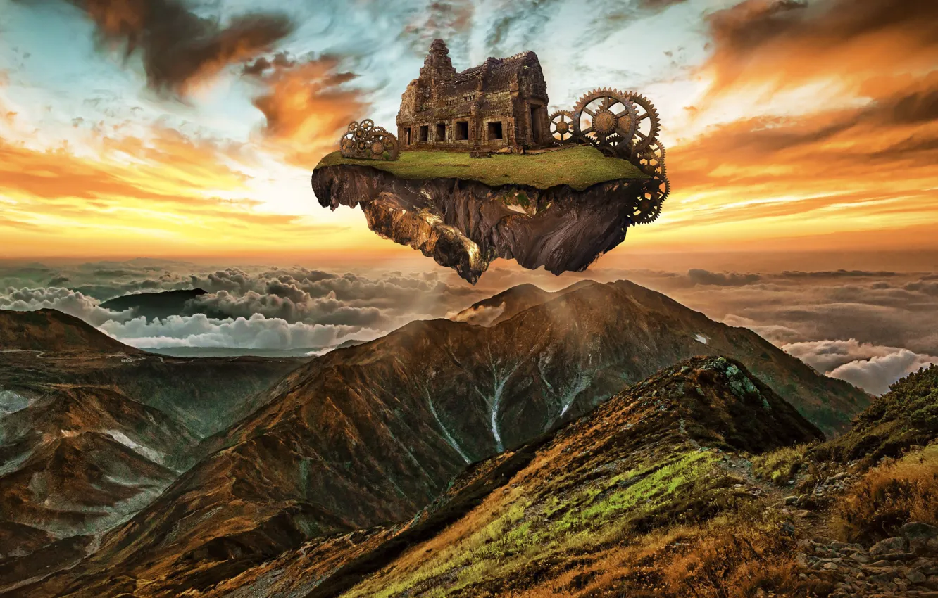 Photo wallpaper the sky, clouds, mountains, beauty, space, the ruins, gear, space