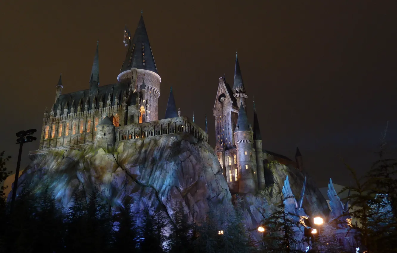Photo wallpaper castle, rocks, tower, colorful, Hogwarts