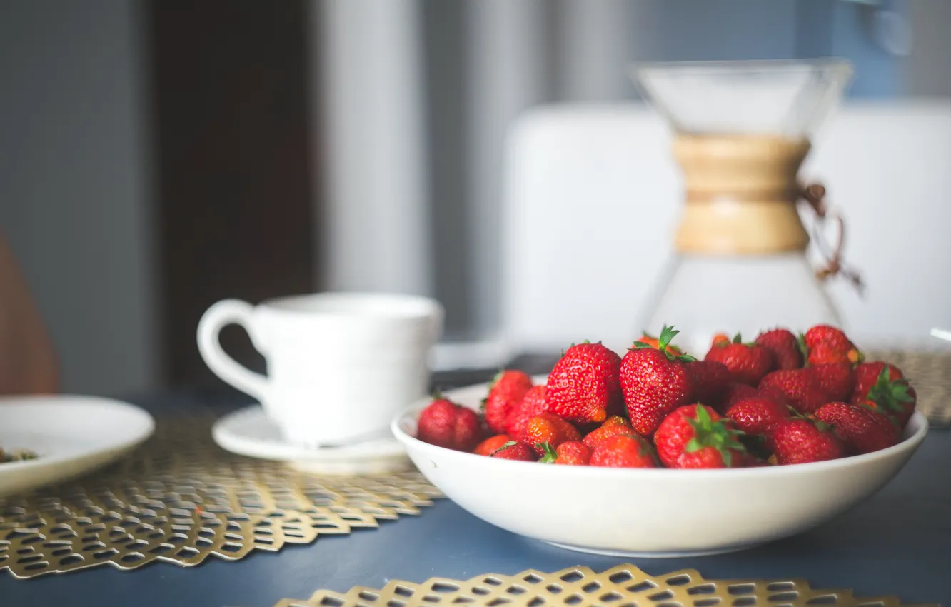 Photo wallpaper berries, table, milk, strawberry, plate, mug, dishes