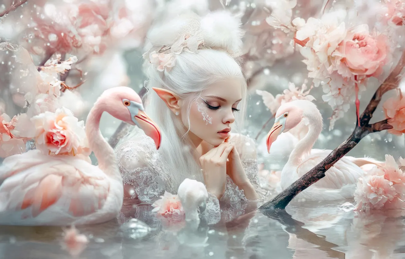 Photo wallpaper girl, flowers, bird, fantasy, Flamingo, AI art, neural network