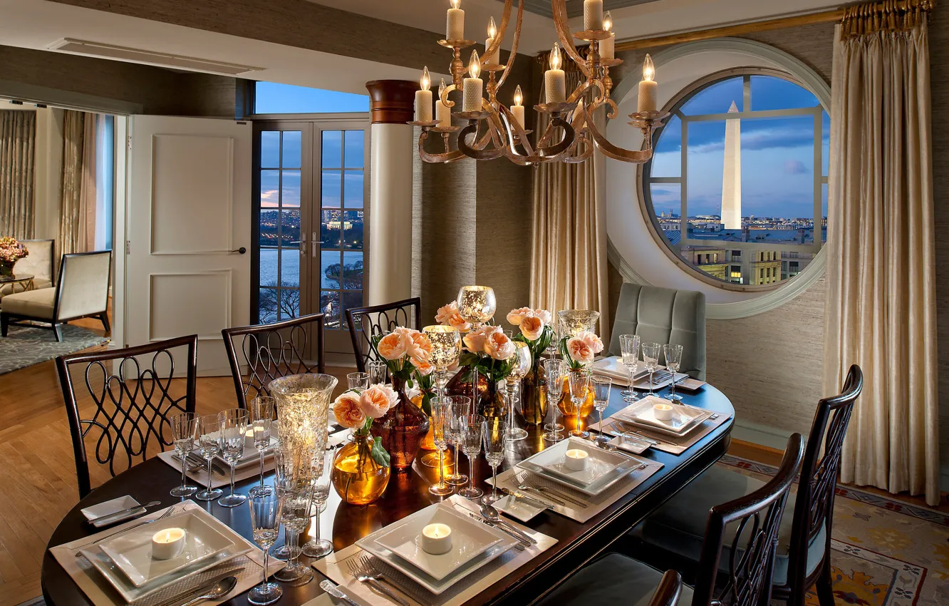 Photo wallpaper flowers, design, the city, style, table, room, view, interior