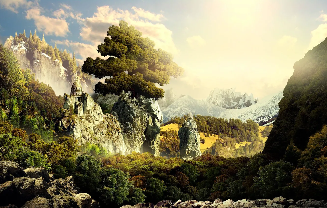 Photo wallpaper forest, mountains, temple