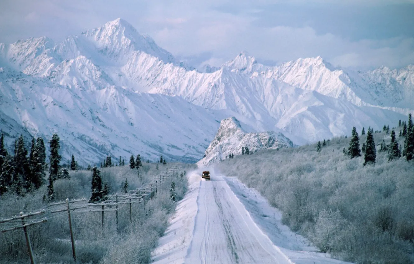 Photo wallpaper Nature, Road, Mountains, Snow, Alaska