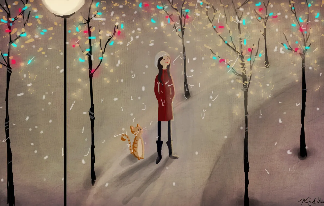 Photo wallpaper winter, cat, snow, trees, Park, figure, girl, lantern
