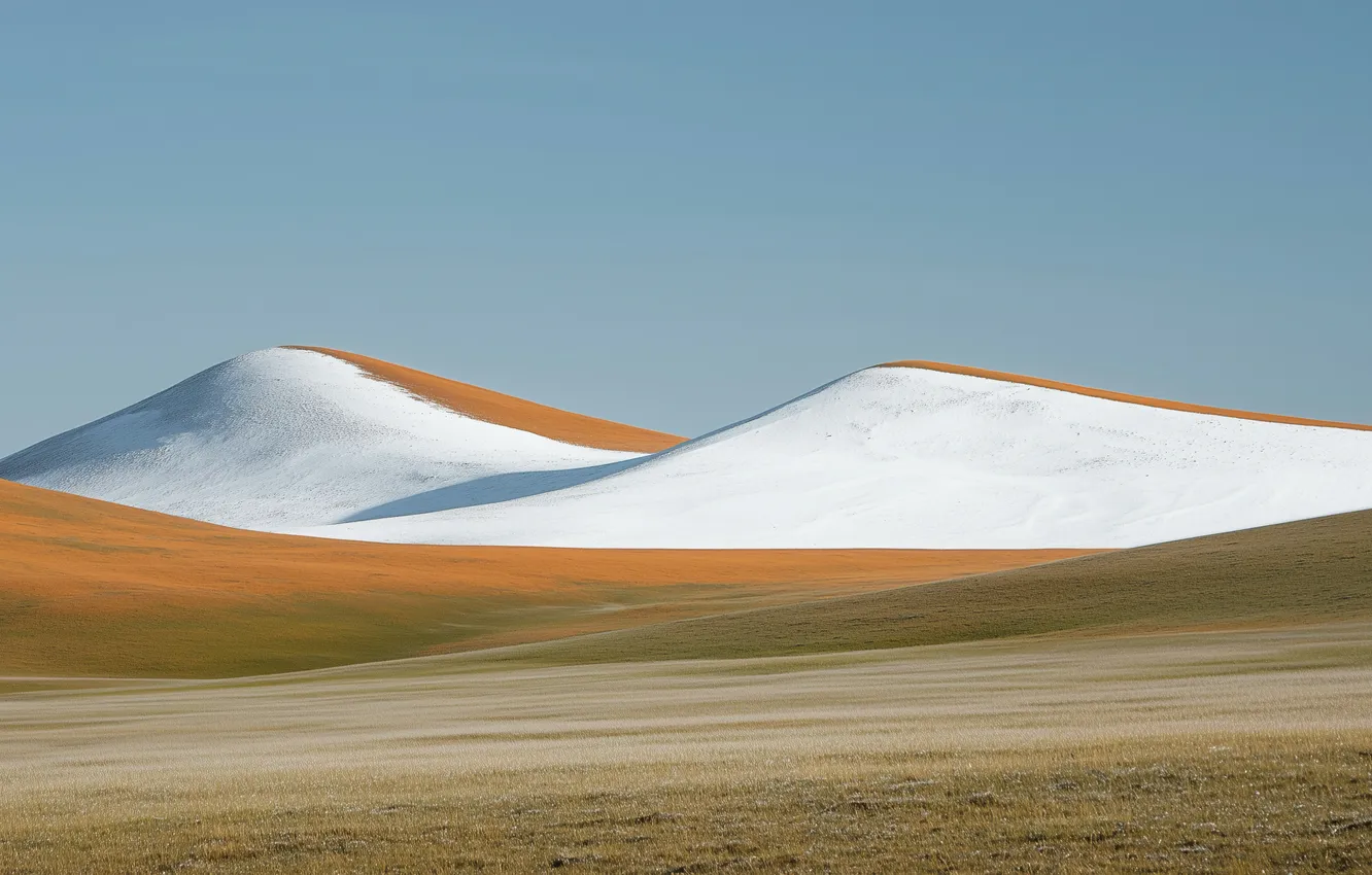 Photo wallpaper landscape, yellow, hills, snowy, sit