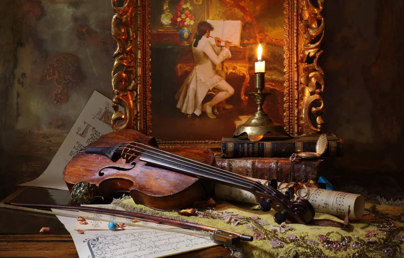 Photo wallpaper Still life, with the violin and painting, Still life with violin and painting