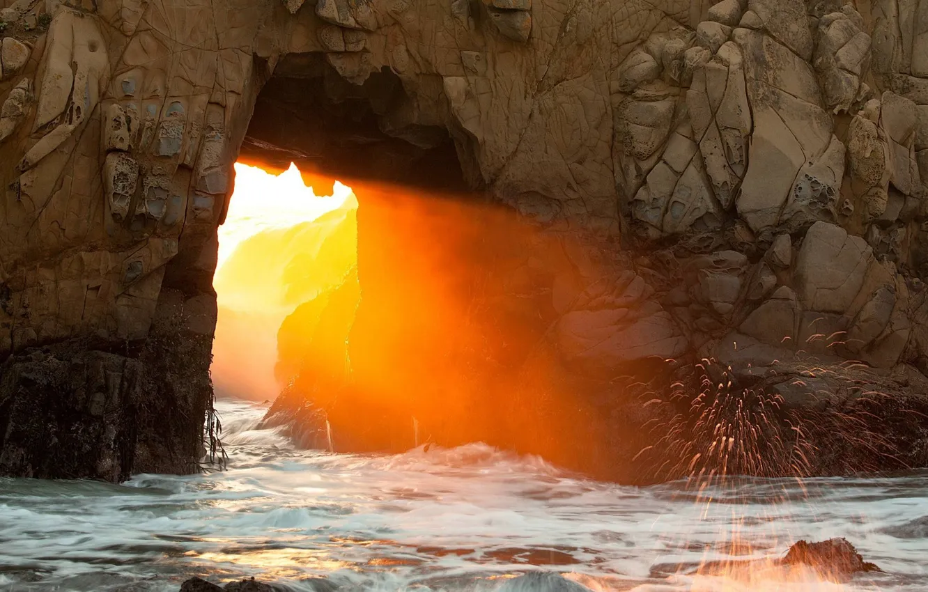 Photo wallpaper waves, light, USA, rock, sunshine, sea, landscape, nature