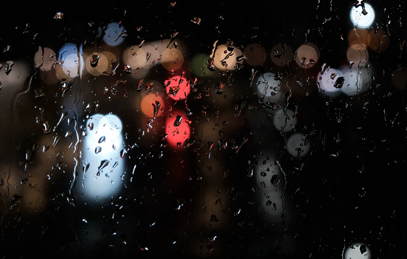 Photo wallpaper glass, drops, light, night, the city, lights, glare, darkness