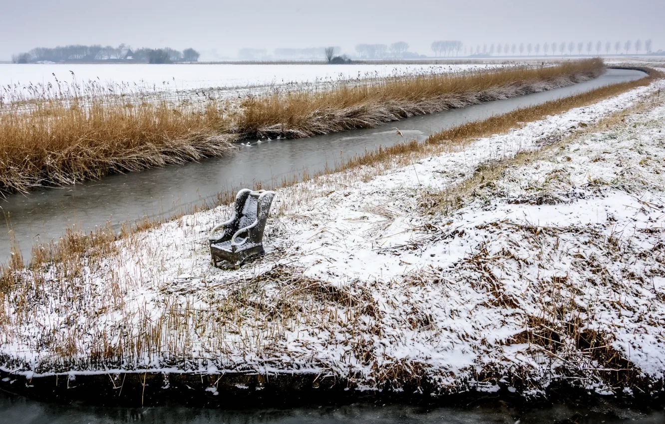 Photo wallpaper winter, snow, river, chair