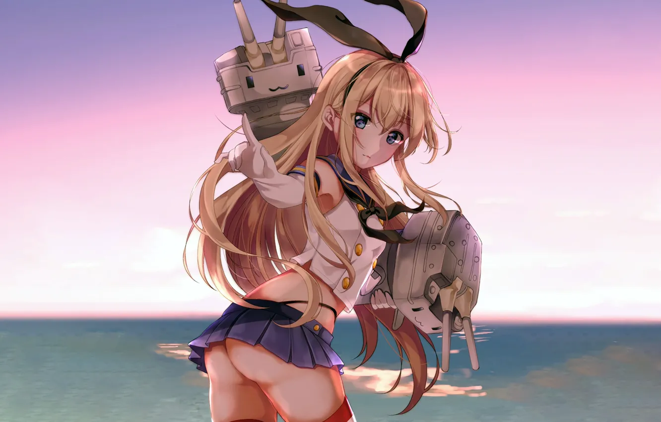 Photo wallpaper girl, sexy, ass, thighhighs, long hair, sea, anime, blue eyes