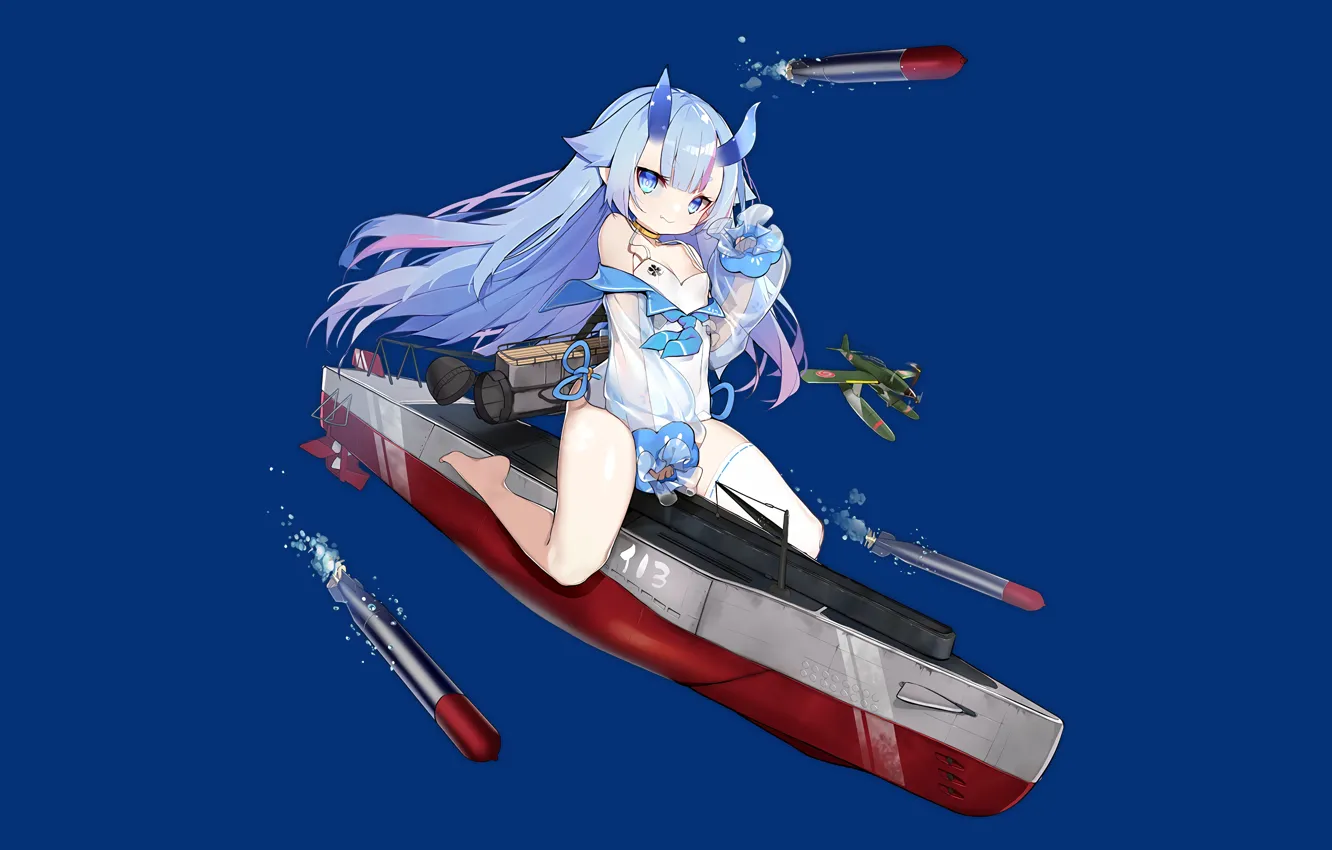 Photo wallpaper girl, sexy, cleavage, blouse, thighhighs, long hair, boobs, anime