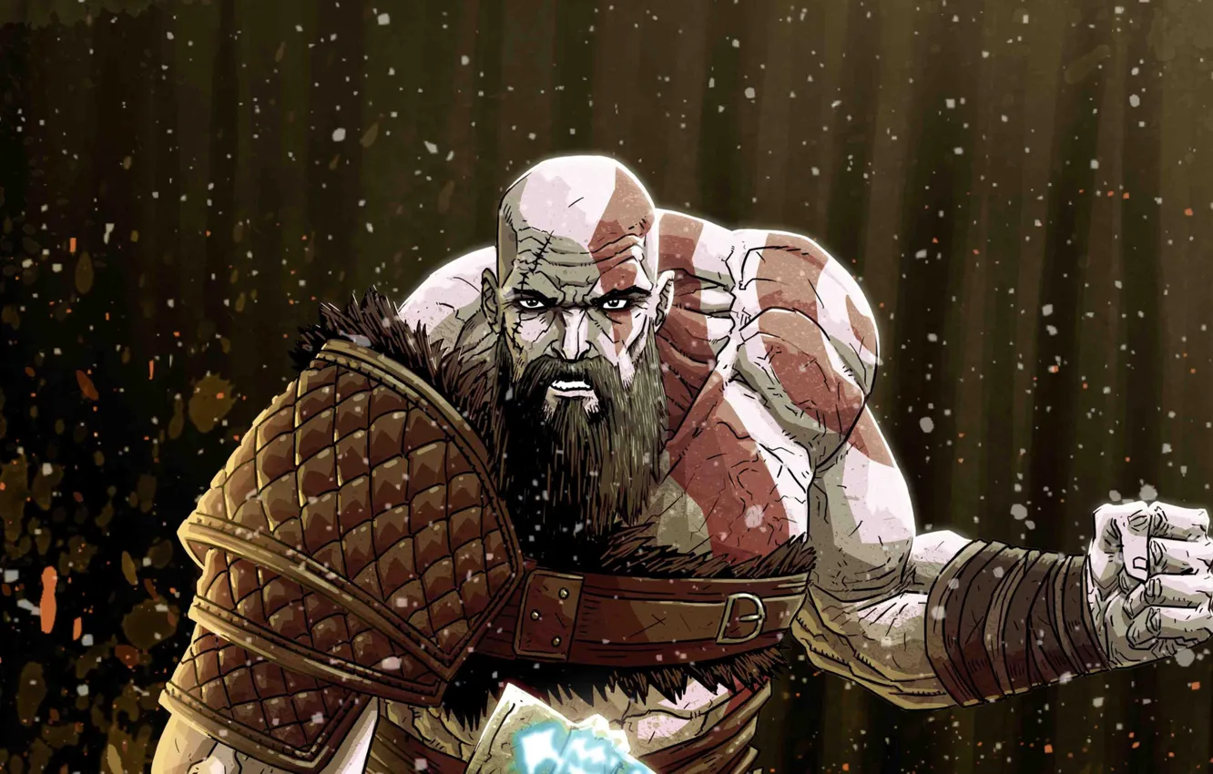 Photo wallpaper axe, god of war, kratos, man, hero, artwork, viking, armour