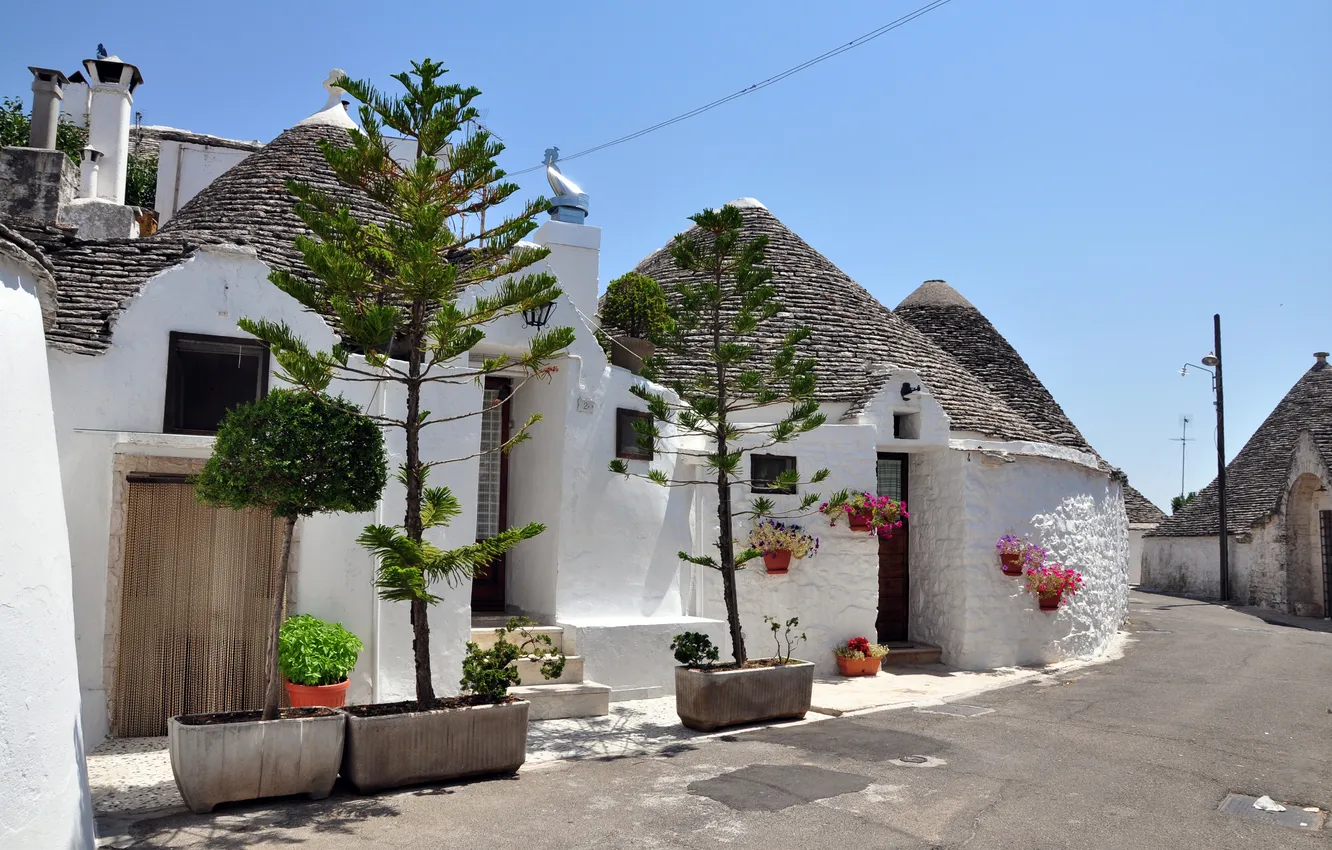 Photo wallpaper trees, flowers, street, home, Italy, Alberobello, Trulli