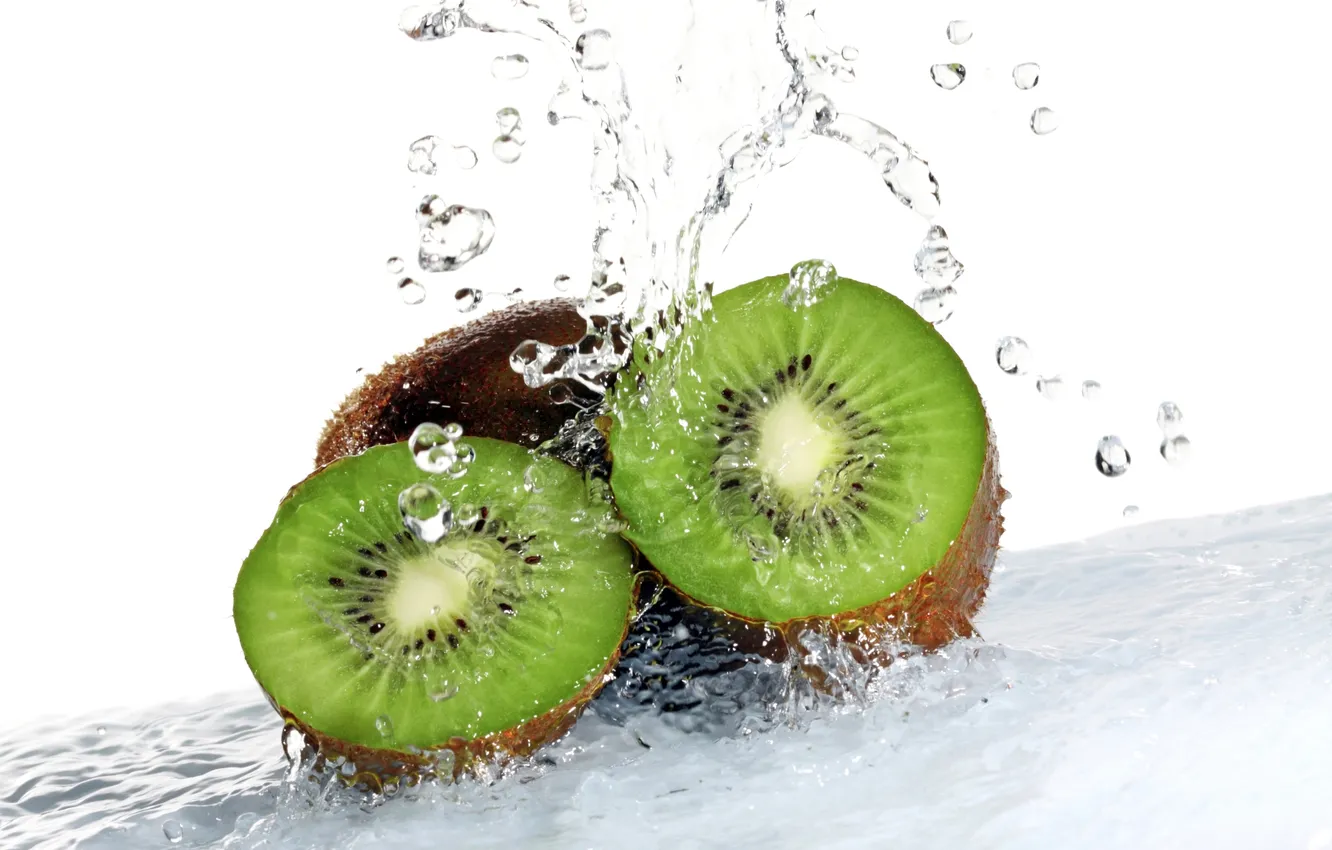 Photo wallpaper water, drops, squirt, kiwi, fruit