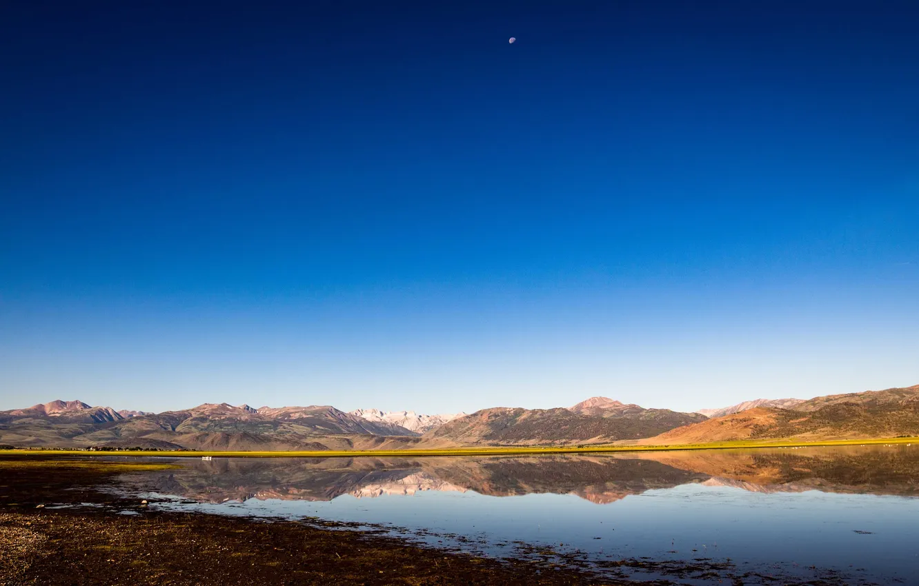 Photo wallpaper the sky, lake, reflection, hills, the moon, mirror
