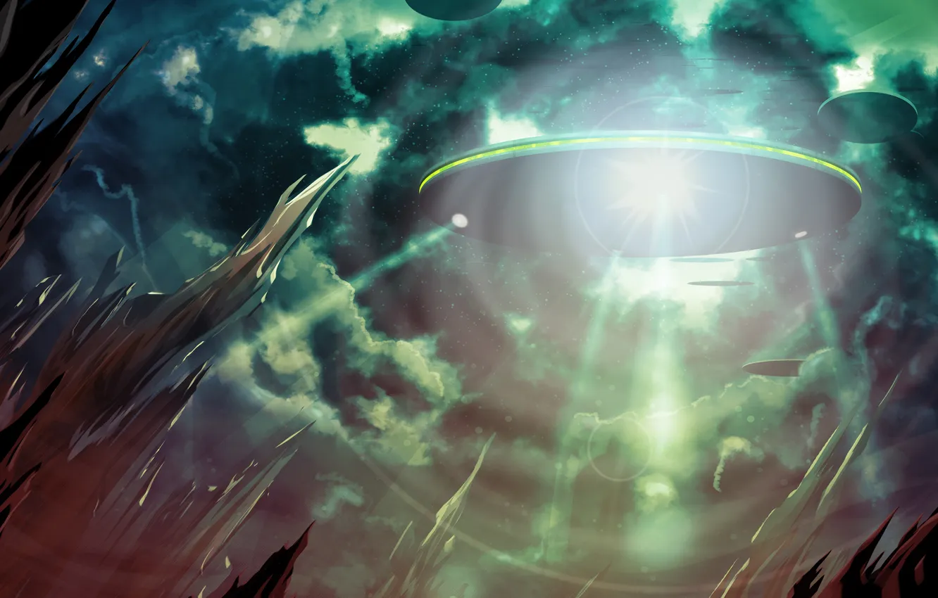 Photo wallpaper the sky, light, UFO, plate, alien, flying, Arrival