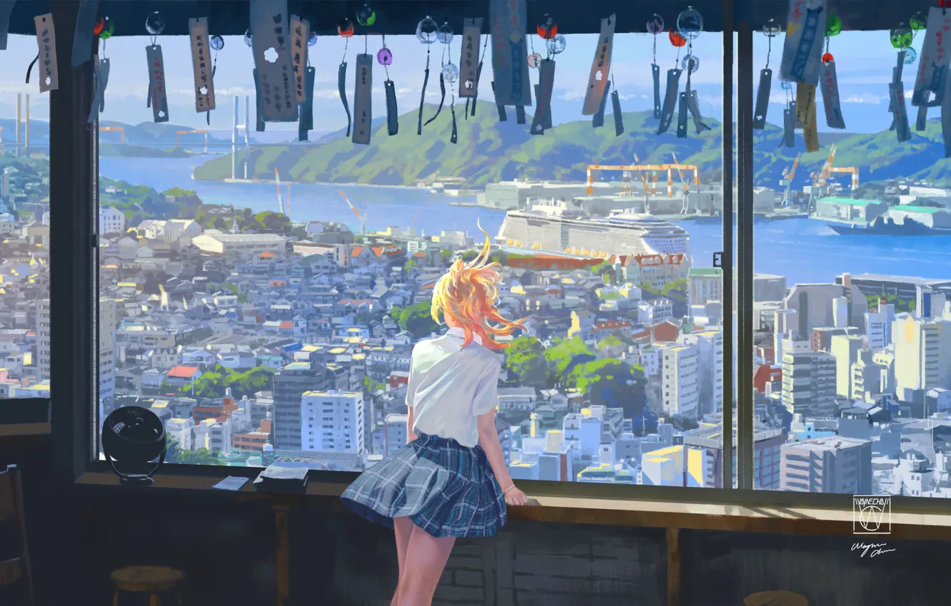 Photo wallpaper city, blonde, balcony