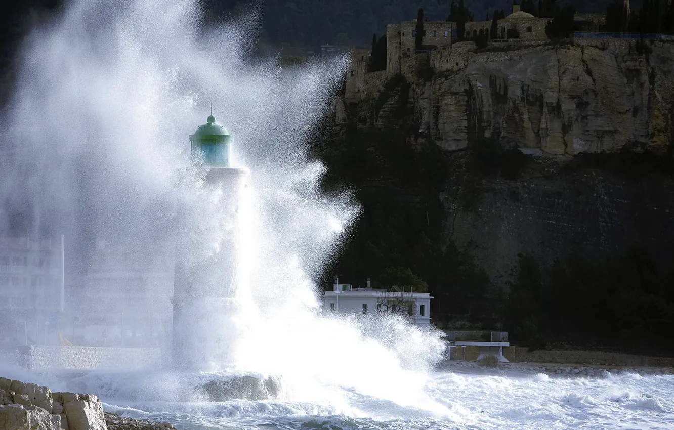 Photo wallpaper squirt, storm, rocks, France, lighthouse, Bouches-du-rhône