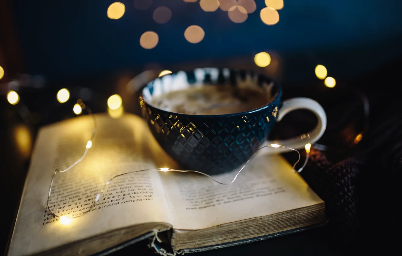 Photo wallpaper light, lights, comfort, the dark background, coffee, the evening, Cup, book