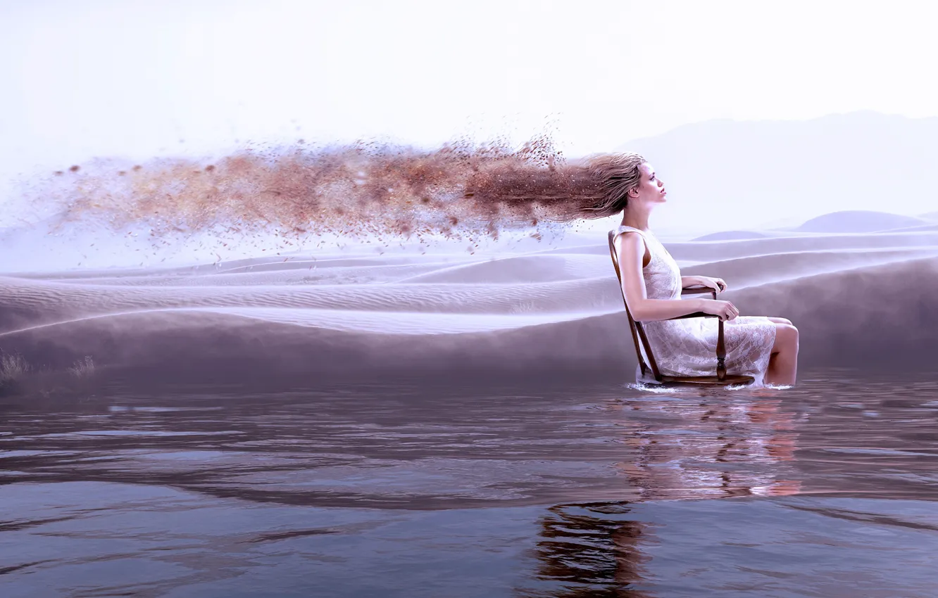 Photo wallpaper water, girl, rendering, hair, chair, dress, profile, sitting