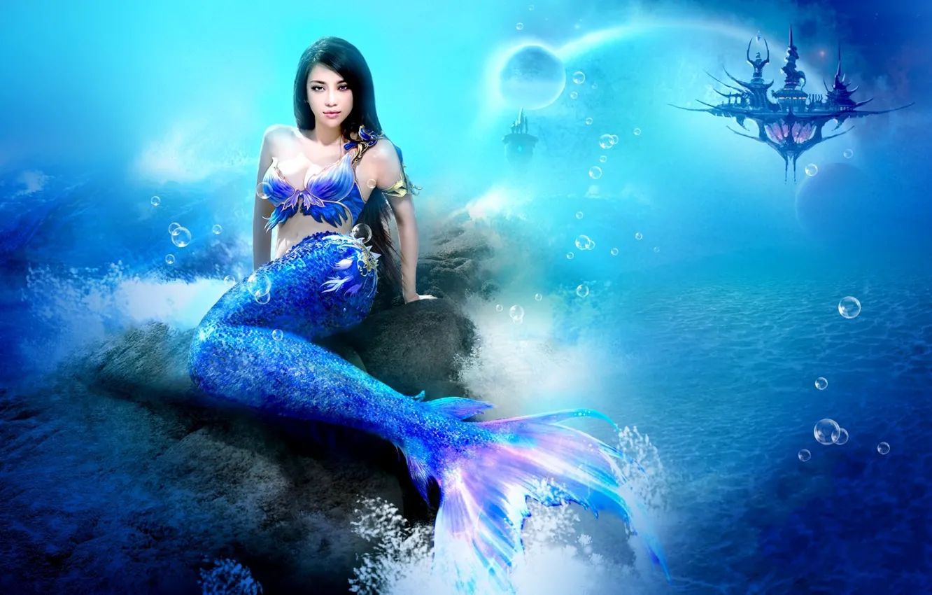Photo wallpaper sea, girl, fiction, mermaid, underwater world