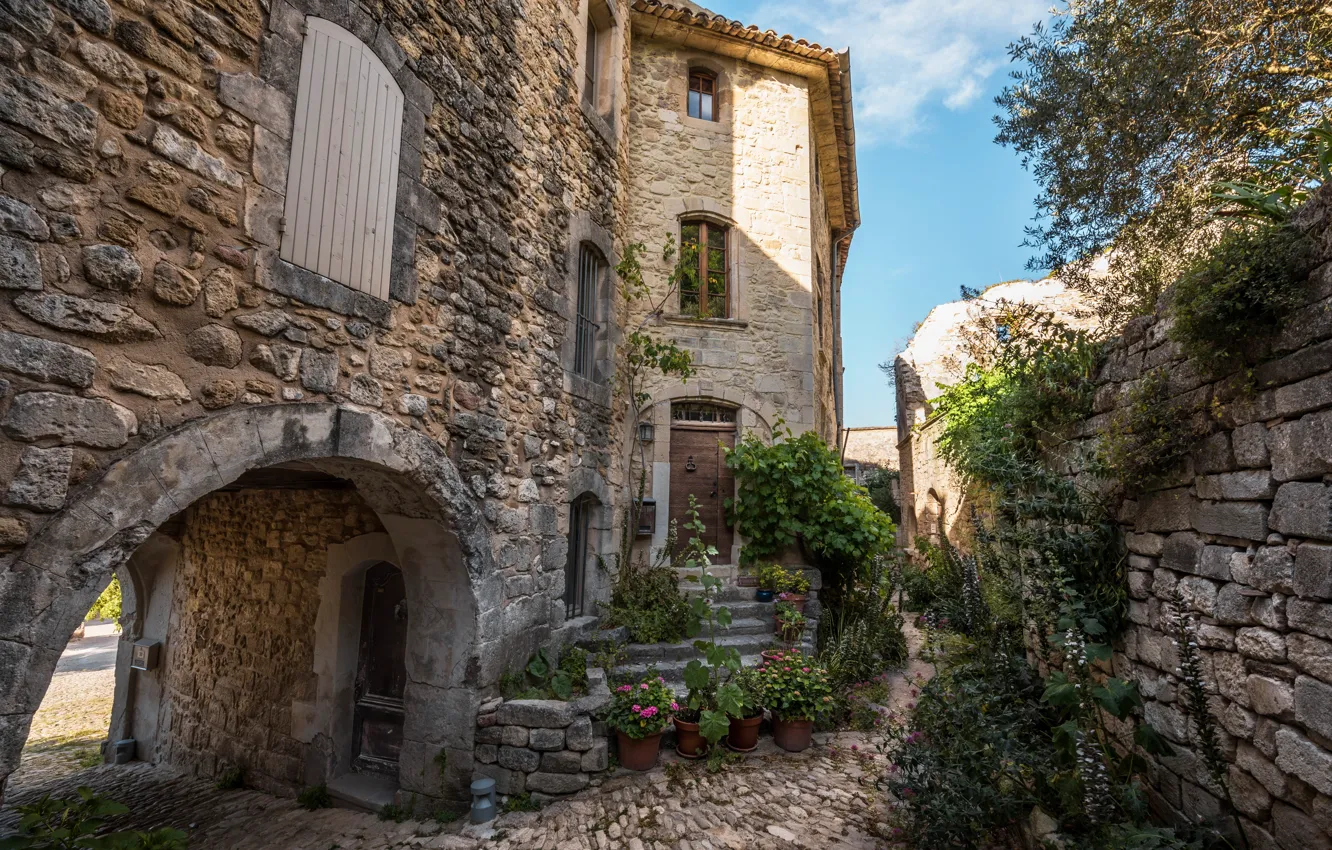 Photo wallpaper house, France, shadow, plants, ladder, stone, France, houses