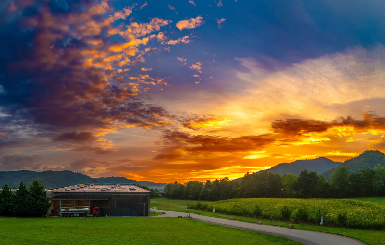 Photo wallpaper the sky, the sun, clouds, landscape, sunset, mountains, Germany, Dürrenberg