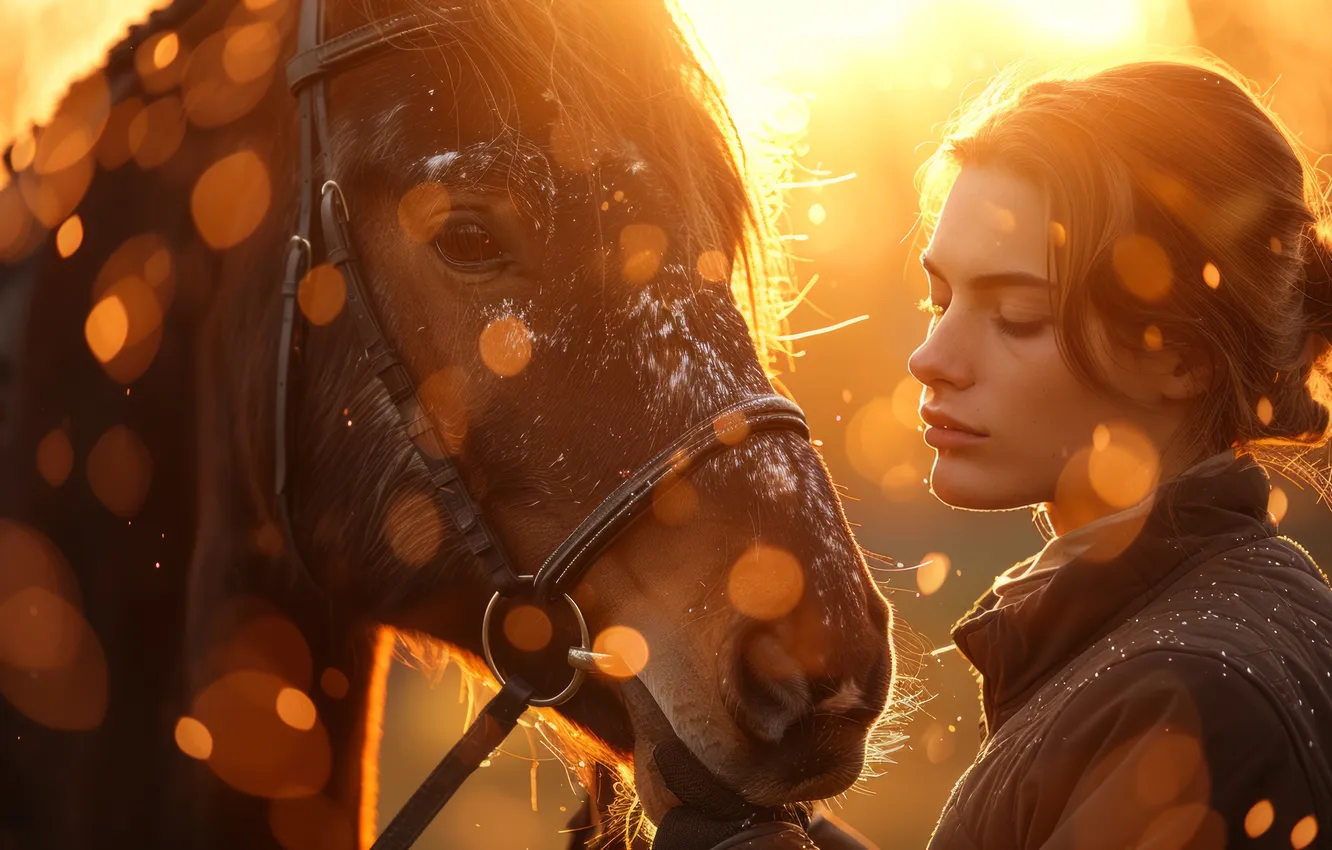 Photo wallpaper girl, the sun, light, sunset, pose, glare, horse, dawn