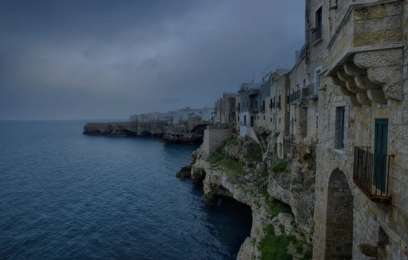 Photo wallpaper sea, clouds, rocks, home, Italy, Apulia