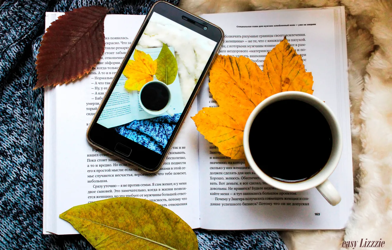 Photo wallpaper autumn, leaves, coffee, book, phone, plaid, sweater, book