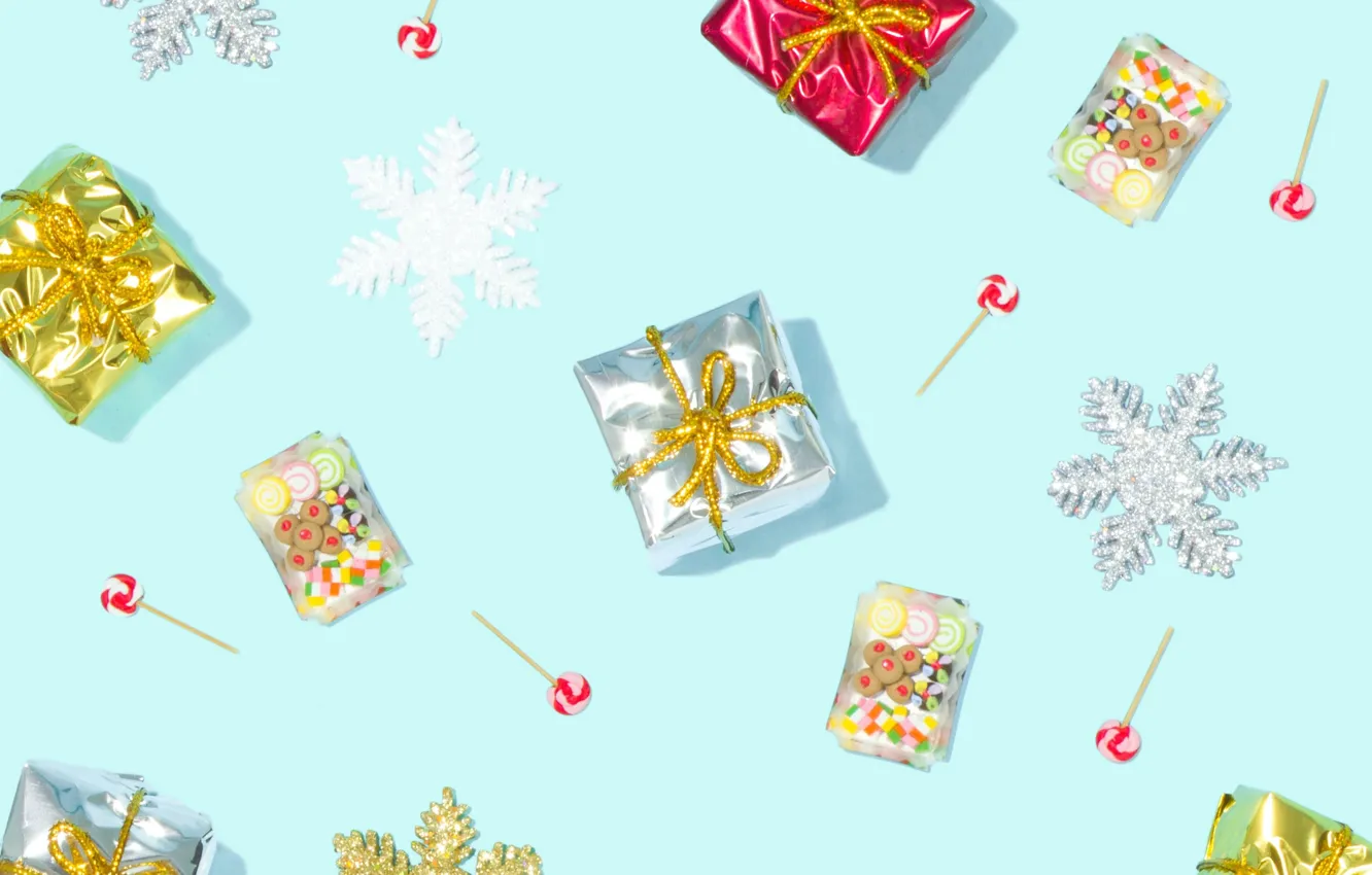 Photo wallpaper snowflakes, holiday, gift, Shine, new year, food, candy, sweets