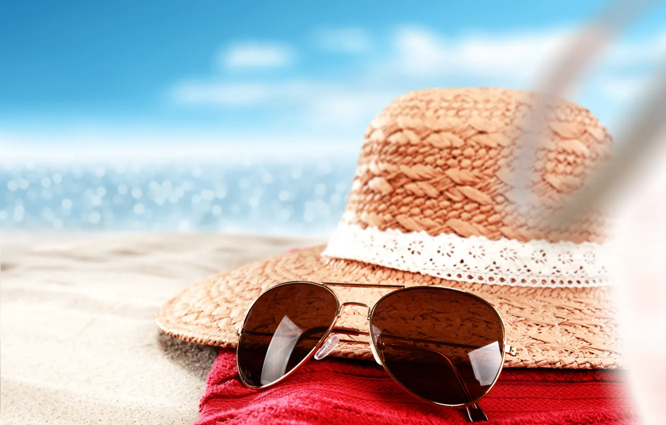 Photo wallpaper sand, sea, beach, summer, hat, glasses, summer, beach