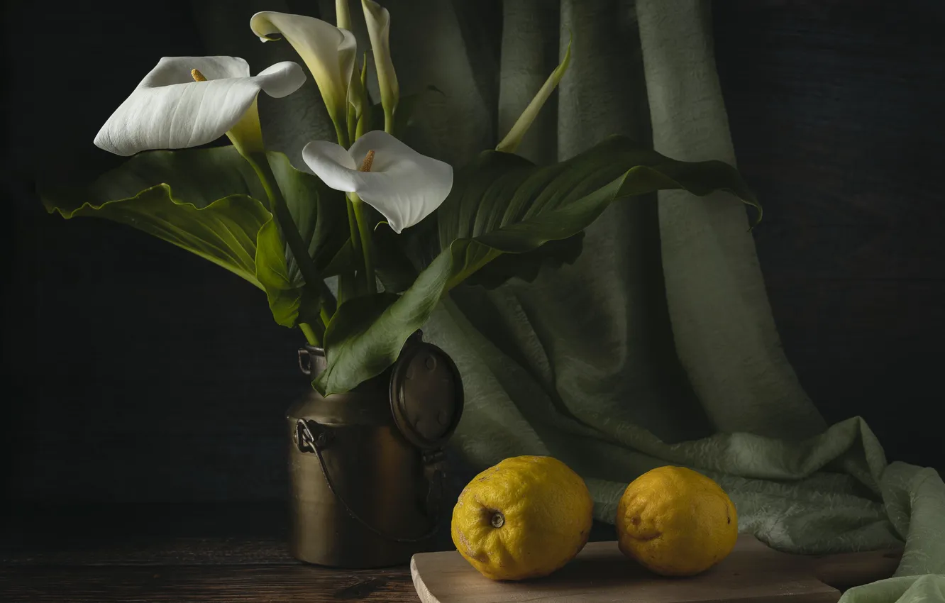 Photo wallpaper flowers, table, lemon, bouquet, fabric, still life, curtains, Calla lilies