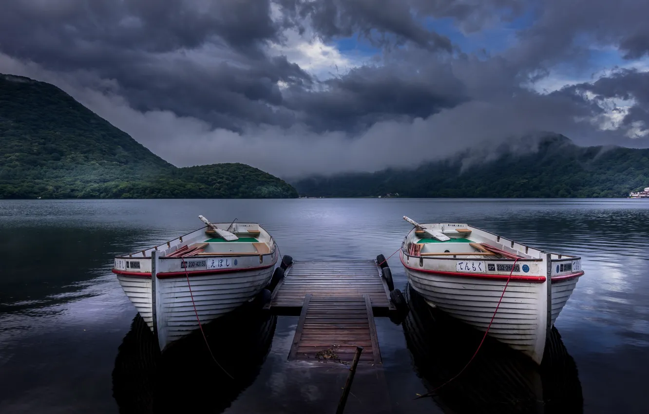 Photo wallpaper Japan, boats, Twins, Gunma, after the rain, after the storm, romantic place, Haruna Lake