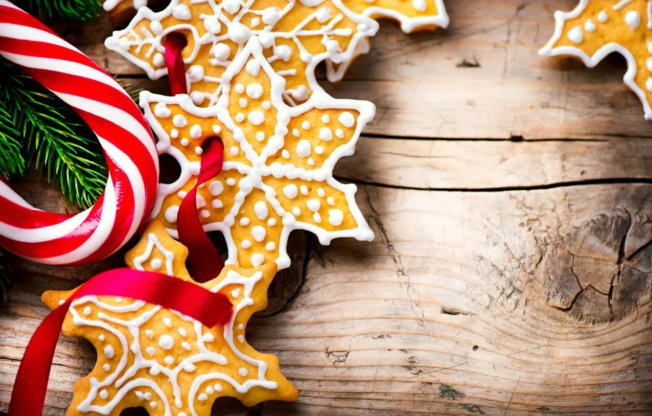 Photo wallpaper fir-tree branches, cookies, lollipops, holiday, treat