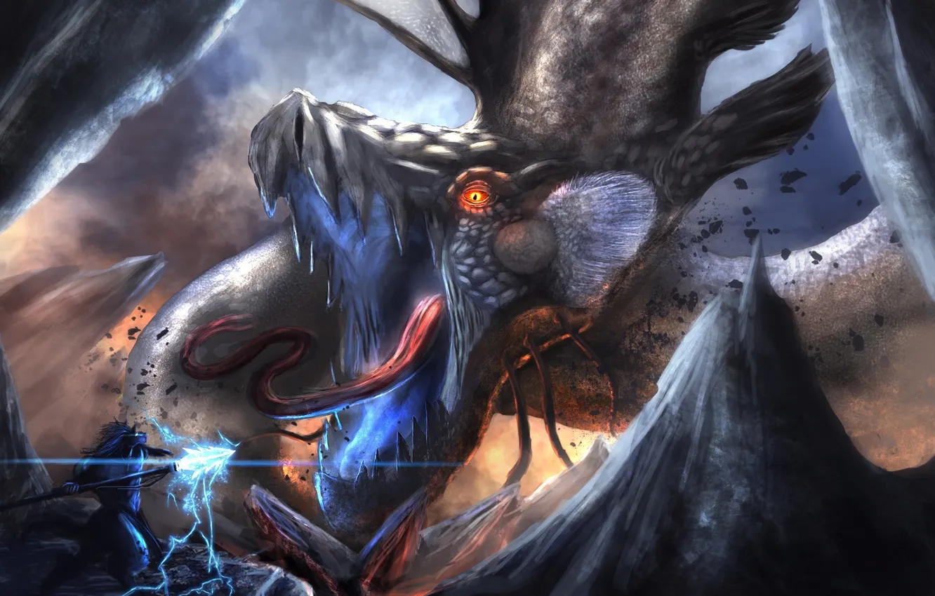 Photo wallpaper rocks, magic, lightning, snake, monster, warrior, art, spear