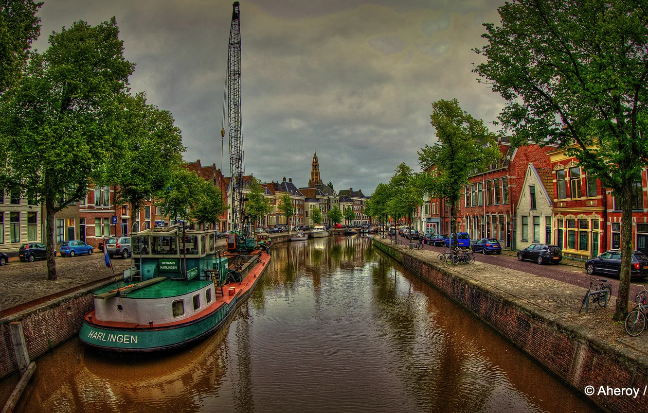Photo wallpaper machine, river, HDR, crane, Netherlands, promenade, Netherlands, barge