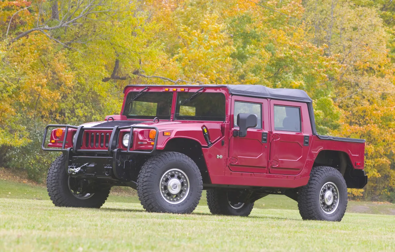 Photo wallpaper grass, trees, red, glade, hammer, Hummer, Hamer, the front