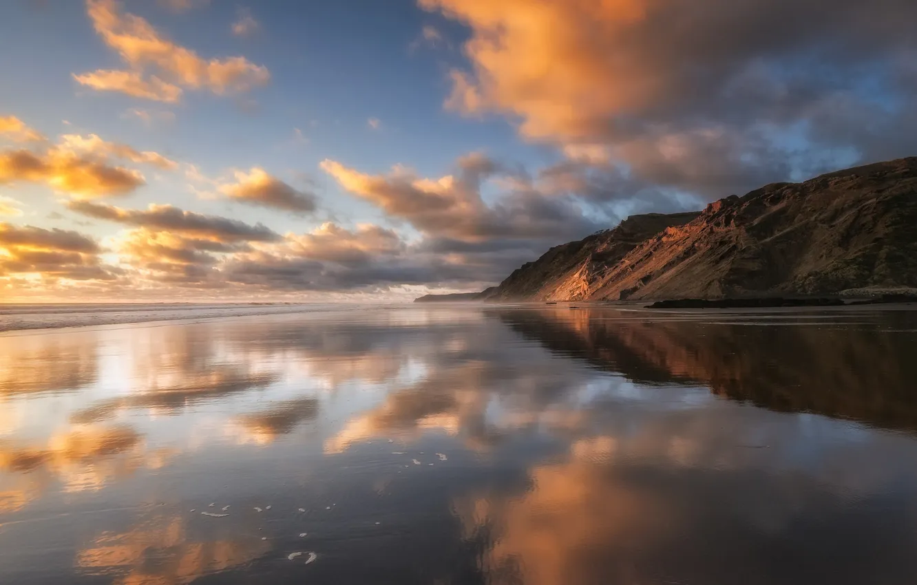 Photo wallpaper sea, beach, clouds, reflection, the evening
