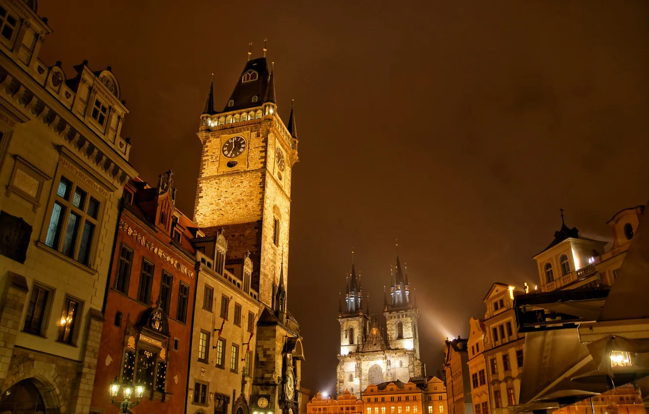 Photo wallpaper the sky, night, lights, watch, tower, Prague, Czech Republic
