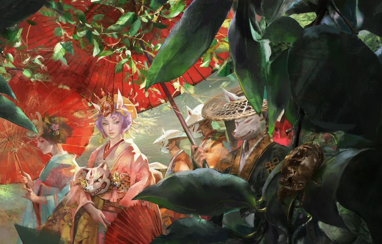 Photo wallpaper crown, kimono, werewolf, red umbrella, the procession, green foliage, demon mask, nine-tailed Fox