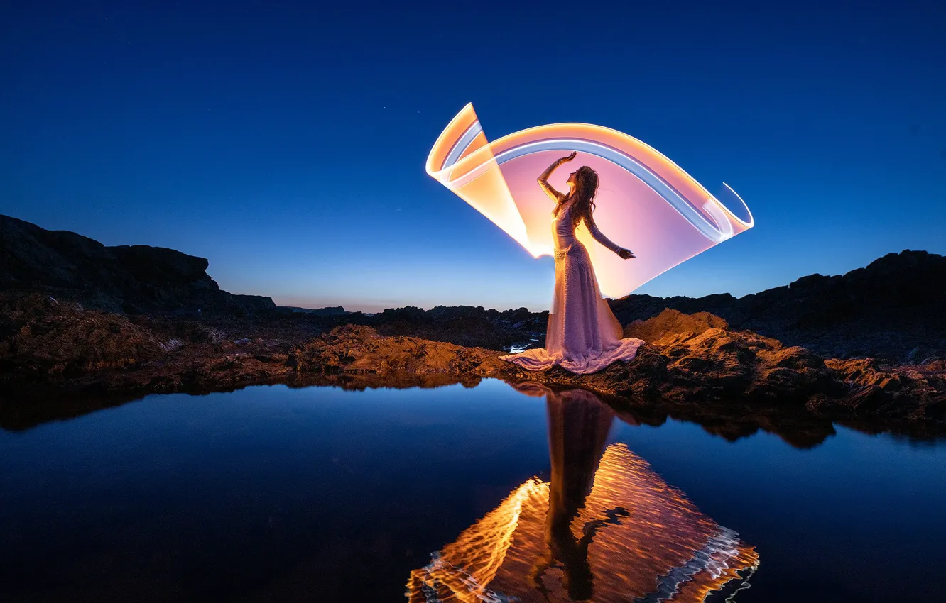 Photo wallpaper figures, style, reflection, shore, dance, night, girl, light-graphic