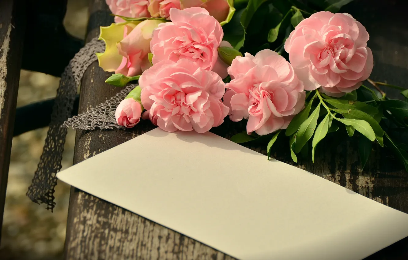 Photo wallpaper flowers, paper, Board, bouquet, bench, the envelope, clove