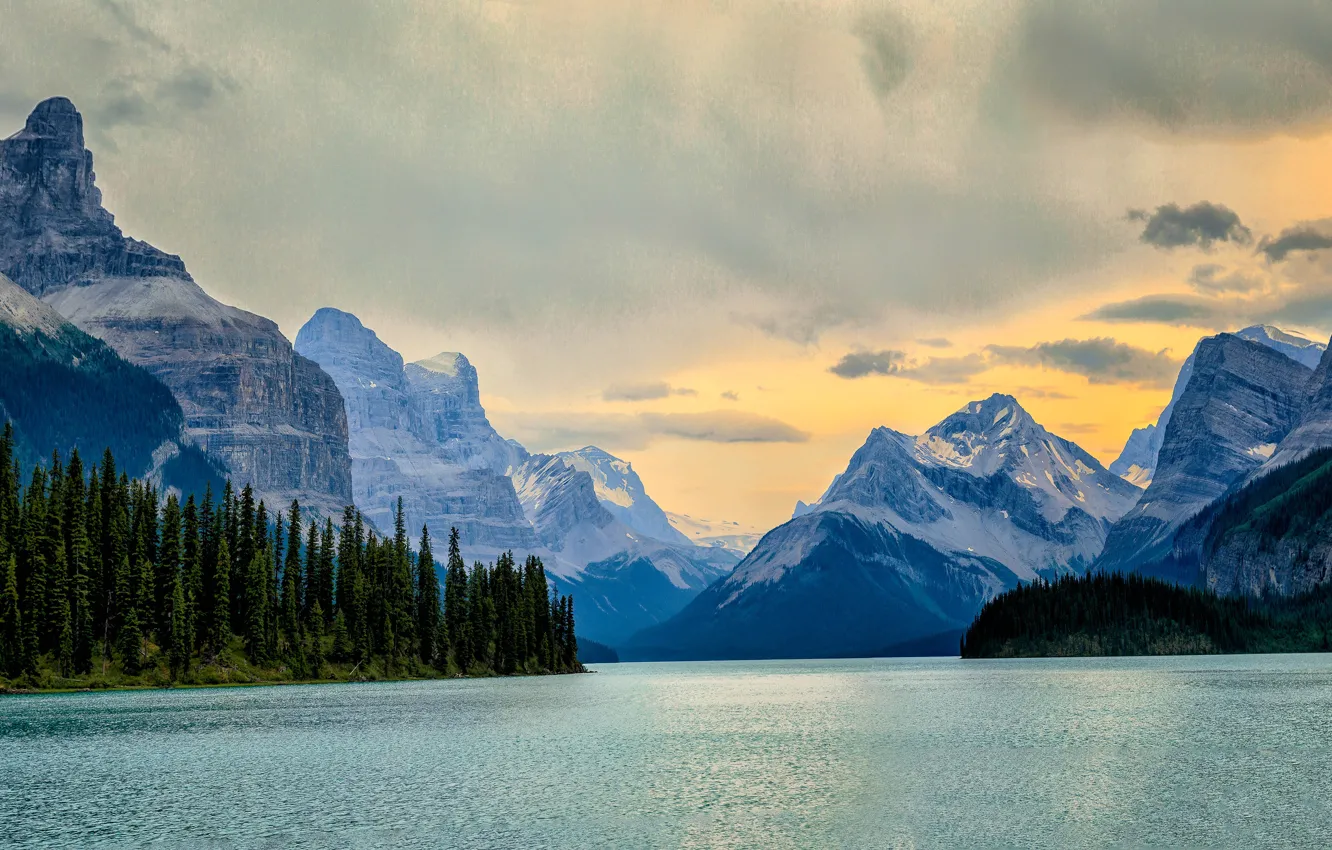 Photo wallpaper forest, the sky, mountains, rocks, shore, tops, pond