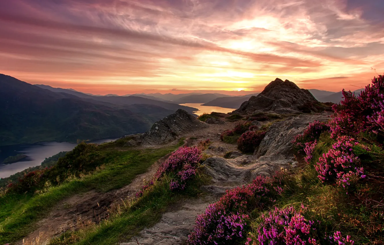 Photo wallpaper summer, sunset, mountains, river, summer, river, sunset, mountains